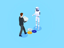 Business Transition Isometric Vector Concept. Businessman Giving A Pile Of Paperwork To Artificial Intelligence Robot