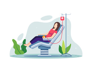 Volunteer female character sitting in medical hospital chair donating blood