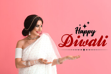 Wall Mural - Beautiful Indian woman and text HAPPY DIWALI on color background