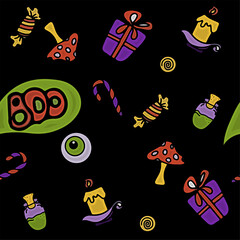 Wall Mural - vector seamless Doodle Halloween pattern Colorful cartoon cliparts, symbols