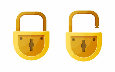 Open and closed lock. Cartoon data encryption and home security symbol. Golden padlock shape design with interlock elements and keyholes. Door protection mechanism. Vector illustration