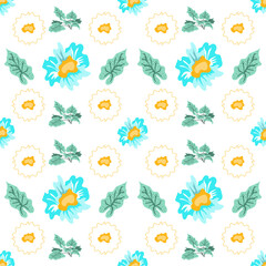 Poster - Summer flowers and leaves pattern seamless. Abstract white and blue flowers, green twigs and leaves endless ornate. Summertime decorative botanical wallpaper. Vector illustration with floral texture