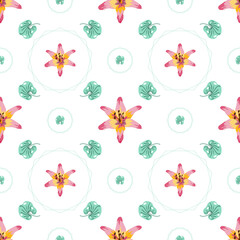 Poster - Summer flowers and leaves pattern seamless. Pink lily flower petals and green leaves in circle geometric shapes endless ornate. Beautiful botanical wallpaper. Vector illustration with floral texture