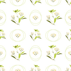 Poster - Summer flowers and leaves pattern seamless. Delicate pastel flower petals in geometric circles repeating endless ornate. Elegant wedding botanical wallpaper. Vector illustration with floral texture