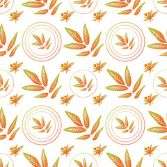 Poster - Autumn leaves pattern seamless. Abstract fall twigs with leaves in geometric circles endless ornate backdrop. Seasonal forest leafage at botanical wallpaper. Vector illustration with floral texture