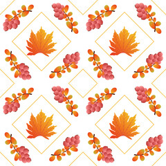 Poster - Autumn leaves pattern seamless. Abstract red berries and orange maple leaves in square shapes at endless ornate backdrop. Seasonal leafage botanical wallpaper. Vector illustration with floral texture