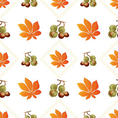 Poster - Autumn leaves pattern seamless. Chestnut fruits and orange leaves in geometric shapes at endless ornate backdrop. Seasonal leafage at botanical wallpaper. Vector illustration with floral texture