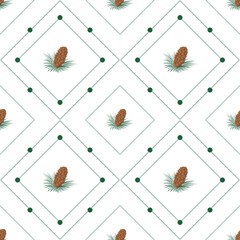 Poster - Autumn leaves pattern seamless. Pine cones and needles in square geometric tiles at endless ornate backdrop. Seasonal forest nature botanical wallpaper. Vector illustration with floral texture