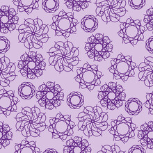 Seamless Pattern Of Ornate Mandalas Of Violet Color On A Light Purple Background, Ornate Curls For Design