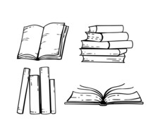 Books Hand-drawn Black And White Set. Open Books, In A Stack And Standing On A Shelf. Vector Illustration