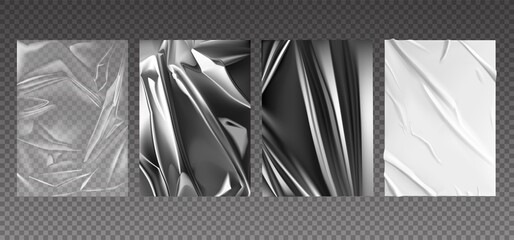 Poster - Realistic plastic poster. 3D paper and silver foil textures. Square crumpled white silk sheet mockup. Wrinkled glossy page with folds. Luxury wrap materials. Vector blank banners set
