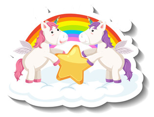 Sticker - Two cute unicorns holding star together cartoon sticker