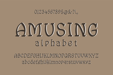 Poster - Amusing serif font. Comic alphabet of uppercase and lowercase letters, numbers and punctuation marks.