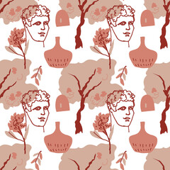 Seamless vector pattern with the gods of Ancient Greece in beige,brown.Repeating Antique ornament hand drawn on white background.Designs for textiles,web,social media,packaging,wrapping paper,fabric.