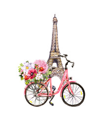 Vintage bicycle with flowers in basket and Eiffel tower in Paris. Watercolor