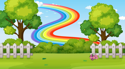 Wall Mural - Nature park scene background with rainbow in the sky