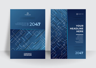 Abstract geometric technological brochure, flyer. Corporate identity. Flyer Template Front and Back Design in Blue Tech Style - Modern Graphic Illustration, Vector