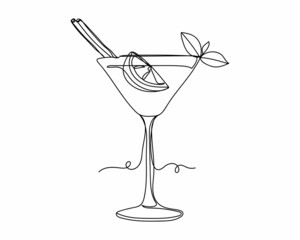 Continuous one line drawing of mojito cocktail in martini glass icon in silhouette on a white background. Linear stylized.Minimalist.