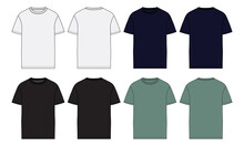 Regular Fit Short Sleeve T-shirt Technical Sketch Fashion Flat Template With Round Neckline Front And Back View White, Black, Navy Blue And Light Green Color. Vector Illustration Basic Apparel Design.