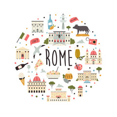 Wall Mural - Tourist abstract design with famous destinations and landmarks of Rome.