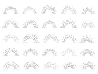 Collection of  hand drawn sunburst in retro style. Half circle. Vector illustration isolated on white background