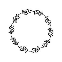 Wall Mural - Hand-drawn wreath on white background. Black plant doodle wreath.