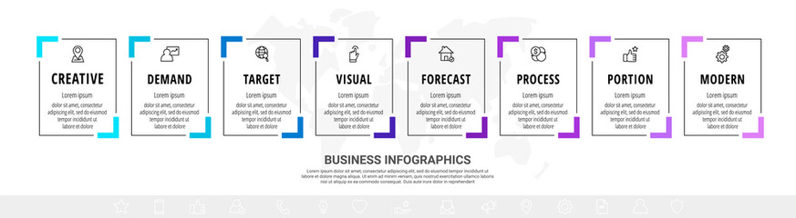 Vector minimal line infographics with rectangles and icons. Business timeline 8 steps by step, options, labels, squares. Flat template with eight ways for chart, diagram, flowchart, app