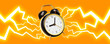 3d horizontal illustration of flying retro black alarm clock with lightning trail