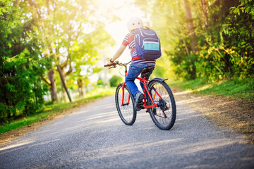 Teenager on the bicycle at the asphalt road riding to the school