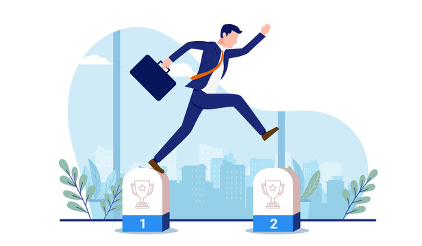 business milestones - businessman jumping in air reaching milestone with briefcase in hand. vector i