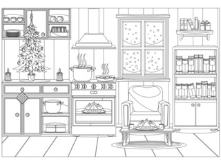 Festive decorated kitchen for the new year and Christmas. Vector coloring.