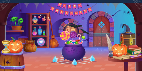 Happy Halloween. Interior of halloween room with door, cauldron, pumpkins, candy, vedim hat, magic ball, potions, broom, flycatcher, spiders and candles. Background for games and mobile applications.