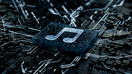 Audio Technology Concept with music symbol on a Microchip. Data flows from the CPU across a Futuristic Motherboard. 3D render.