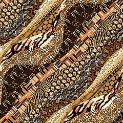 Wall Mural - Traditional African fabric and wild animal skins patchwork abstract vector seamless pattern