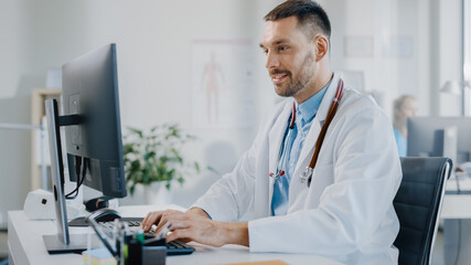 Poster - Hospital Medical Doctor Office: Portrait of Successful Professional Physician Working on Desktop Computer, Practicing Online Treatment, Internet Consultations, Writing Digital Prescriptions. 