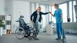 © Gorodenkoff - Hospital Physical Therapy: Strong Senior Female Injury Successfully Stands up from Wheelchair, Walks Few Steps, Rehabilitation Physiotherapist Doctors Helps, Assist Disabled Patient