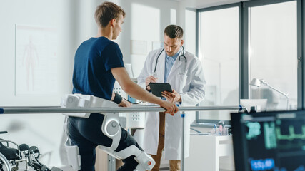 Aufkleber - Modern Hospital Physical Therapy: Doctor Uses Tablet Computer, Helps Disabled Patient with Injury Walk on Treadmill Wearing Advanced Robotic Exoskeleton Legs. Physiotherapy Rehabilitation Technology