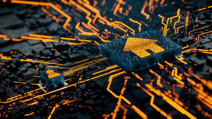Internet Technology Concept with home symbol on a Microchip. Orange Neon Data flows between the CPU and the User across a Futuristic Motherboard. 3D render.