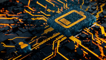 Energy Technology Concept With Low Battery Symbol On A Microchip. Orange Neon Data Flows Between The Battery And The User Across A Futuristic Motherboard. 3D Render.