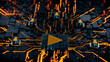 © RocknRoller Studios - Media Technology Concept with play symbol on a Microchip. Orange Neon Data flows between Users and the CPU across a Futuristic Motherboard. 3D render.