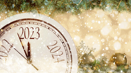 Clock counting last moments to New 2023 Year, beautiful fir branches and festive decor, banner design