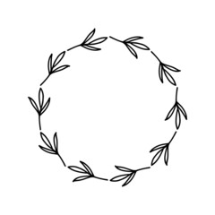 Wall Mural - Hand-drawn wreath on white background. Black plant doodle wreath.