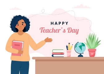 Happy teacher s day concept. Black female teacher in classroom. School and learning. Cute vector illustration in flat cartoon style