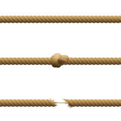 Ropes - intact, with knot and hanging by a thread with frayed tensioned ends held together by a thin string. Isolated vector illustration on white background.
