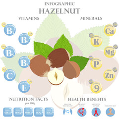 Wall Mural - Health benefits and nutrition facts of hazelnut infographic vector illustration.