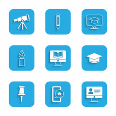 Wall Mural - Set Online class, Graduation cap on mobile, Push pin, Fountain pen nib, speech bubble and Telescope icon. Vector