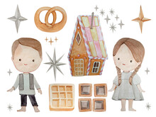 Watercolor Hansel And Gretel Set On The White Background
