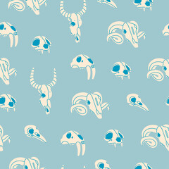 Wall Mural - Various white Skulls of different animals and birds. Skull of ram, cat or tiger, buffalo or cow, saber toothed lion, lynx. Hand drawn trendy Vector seamless Pattern. Square blue background, wallpaper