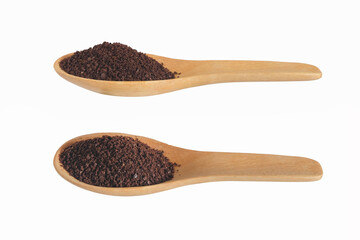 Wall Mural - Coffee powder in Wooden Spoon isolated on white background.