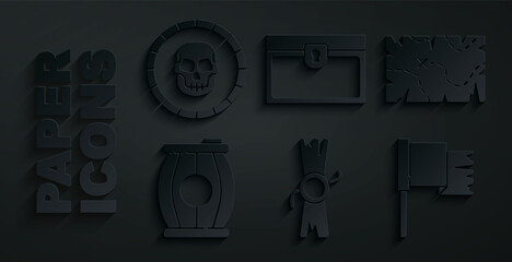 Sticker - Set Decree, parchment, scroll, Pirate treasure map, Gun powder barrel, flag, Antique chest and coin icon. Vector